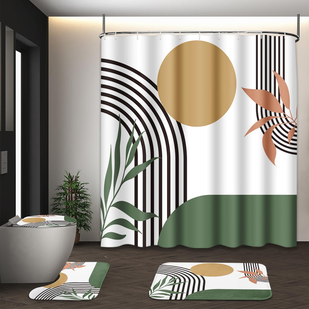 Bathroom Sets with Shower Curtain and Rugs, Set of 4 Geometric Boho