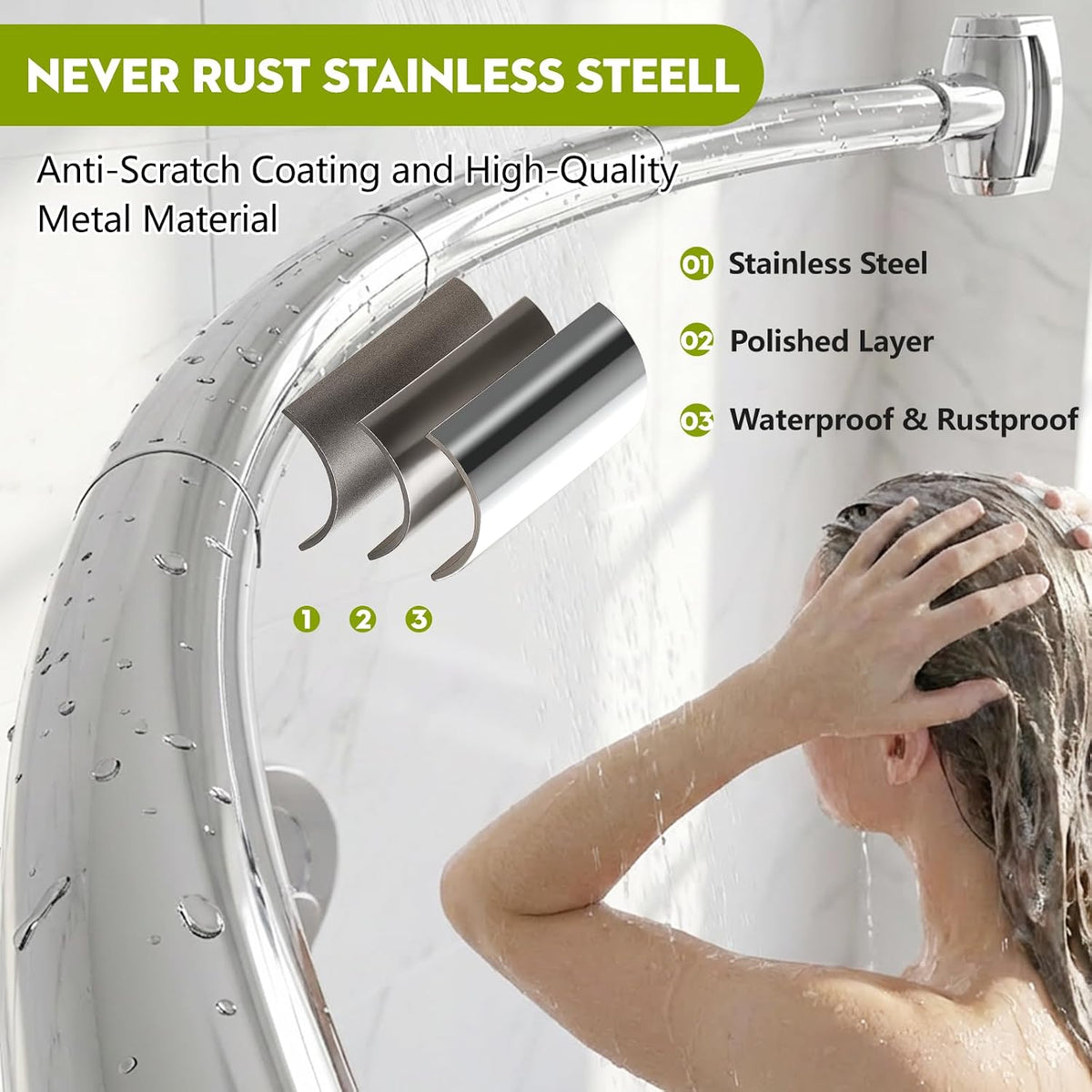 Curved Shower Curtain Rod， Adjustable 33-78 Inches Silver All Stainless Steel Curved Shower Rod， Shower Curtain Rod for Extra Shower Space for Bathroom, Bathtub, Stall, No Rust, Need to Drill