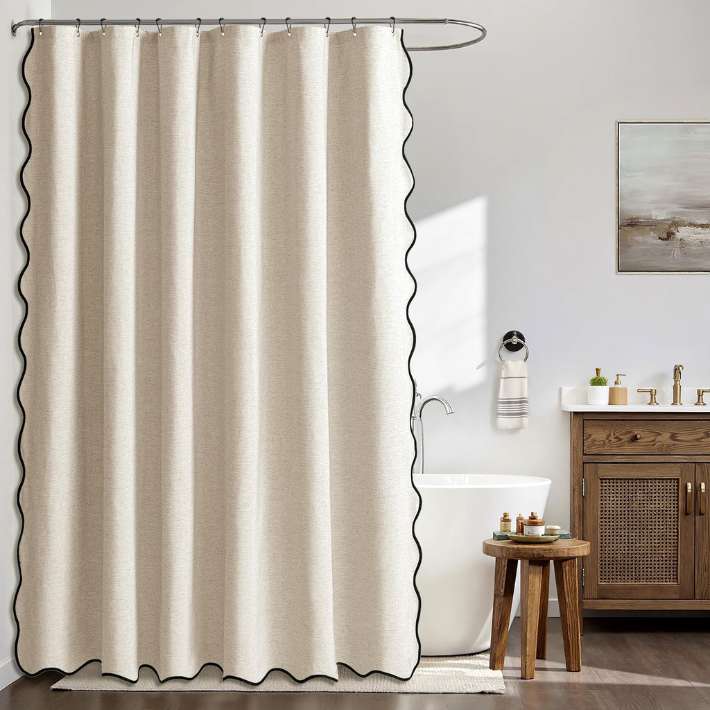 MIULEE Beige Scalloped Shower Curtain Linen Textured with 12 Metal Hooks Cute Heavy Duty Washable Waterproof Neutral Thick Cloth Shower Curtains with Black Border for Bathroom Bathtub,W72*L72 Cream
