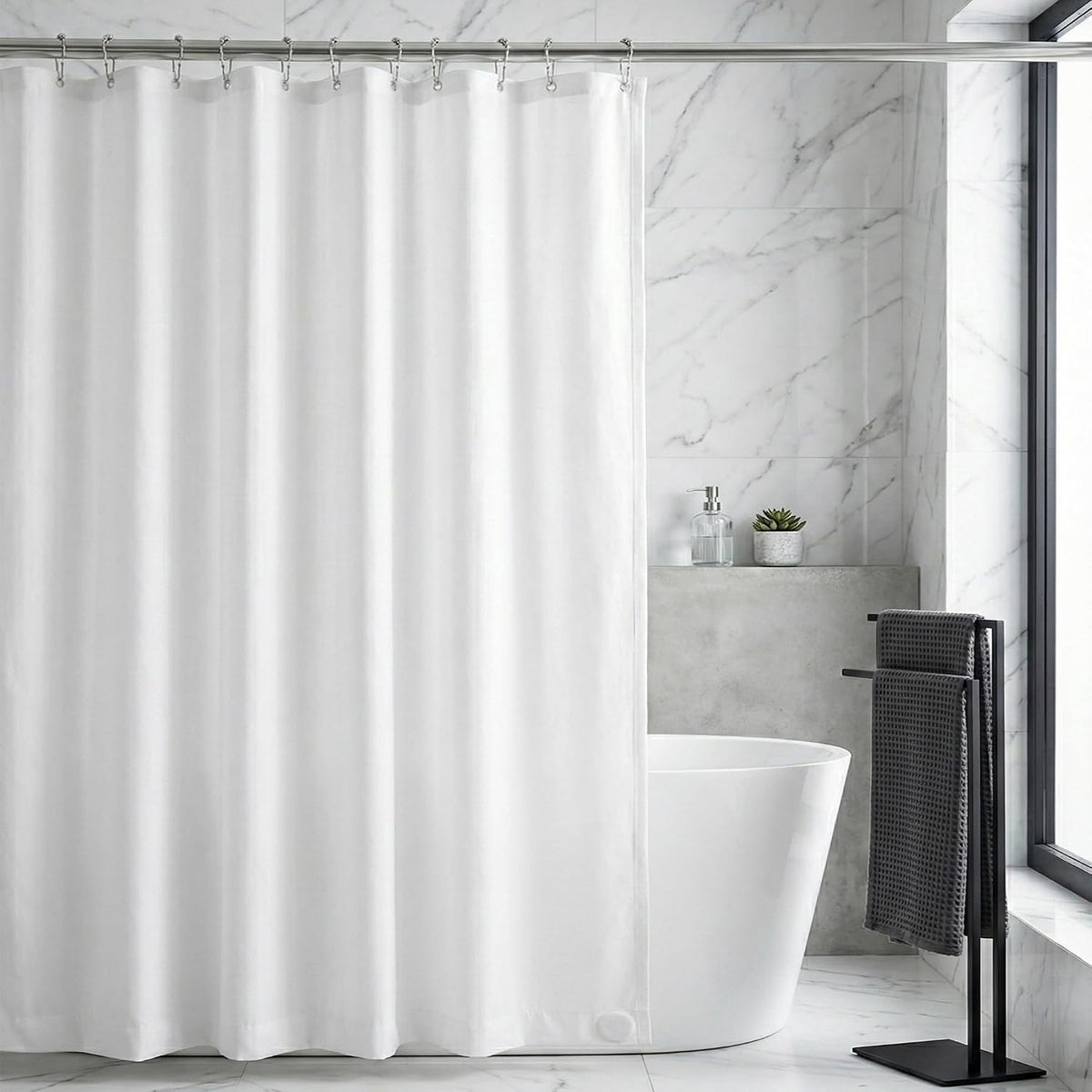 Waterproof Fabric Shower Curtain Liner, TPU Coated, PEVA-Free & Odorless, Hotel Quality, 3 Magnets, Rust-Proof Metal Grommets, Machine Washable, White, 72x72 Inch