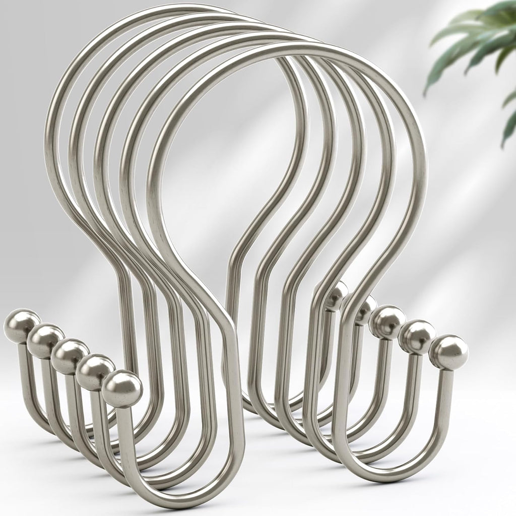 AmazerBath Shower Curtain Hooks Brushed Nickel Shower Curtain Rings, Simple Double Hook Shower Curtain Hooks Rust Proof, Smooth Glide Metal Shower Hooks for Shower Curtain, 12Pcs Shower Rod Hooks