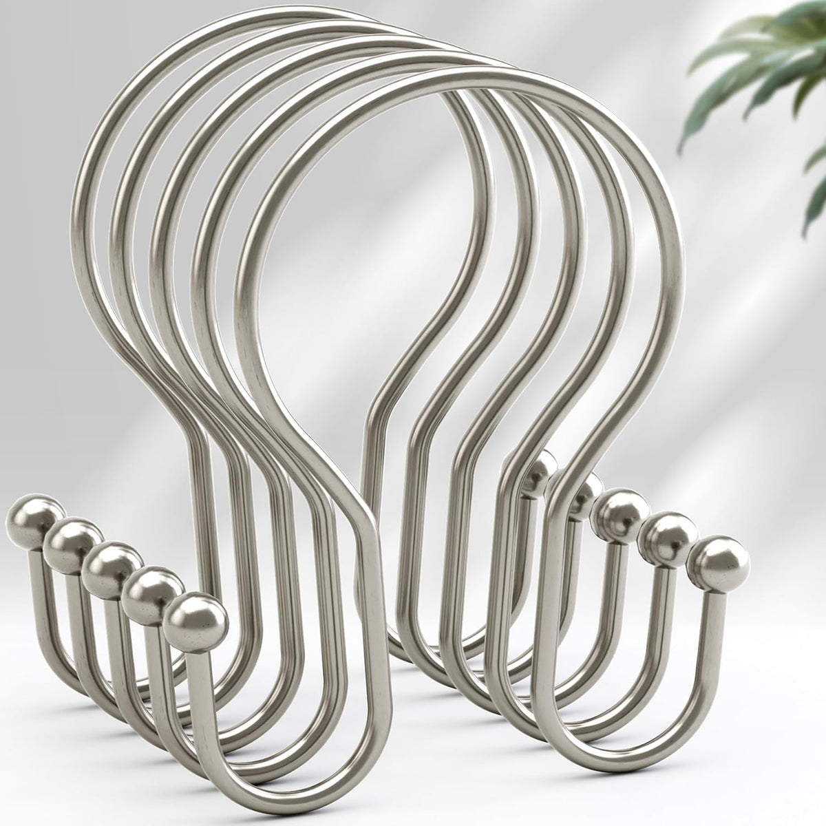 AmazerBath Shower Curtain Hooks Brushed Nickel Shower Curtain Rings, Simple Double Hook Shower Curtain Hooks Rust Proof, Smooth Glide Metal Shower Hooks for Shower Curtain, 12Pcs Shower Rod Hooks