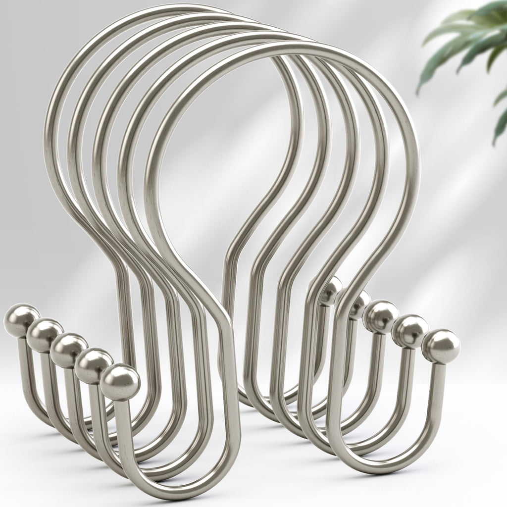 AmazerBath Shower Curtain Hooks Gold Shower Curtain Rings, Simple Double Hook Shower Curtain Hooks Rust Proof, Metal Smooth Shower Hooks for Shower Curtain Rod, 12 Pcs Shower Rod Hook Light Gold