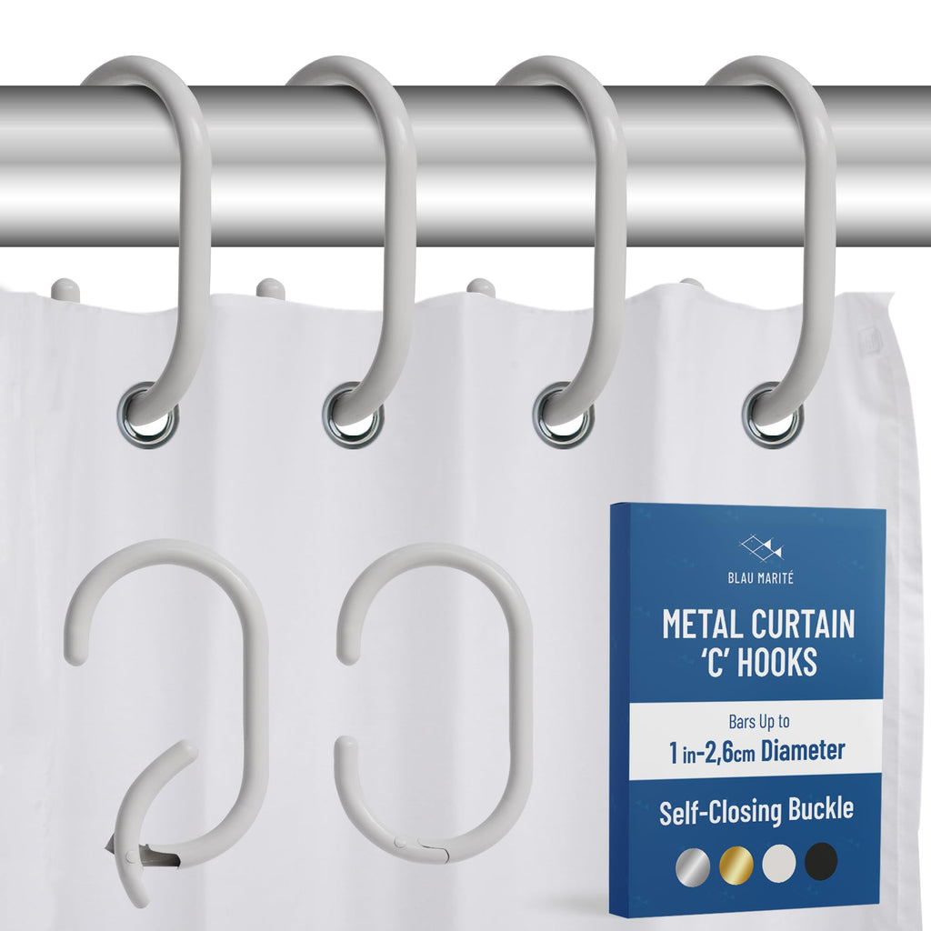 12 Metal Shower Curtain Hooks, Rust-Proof Decorative C-Shaped Curtain Hooks for Bathroom, Chrome Shower Curtain Rings, Fits Rods Up to 1 Inch (C, Silver)