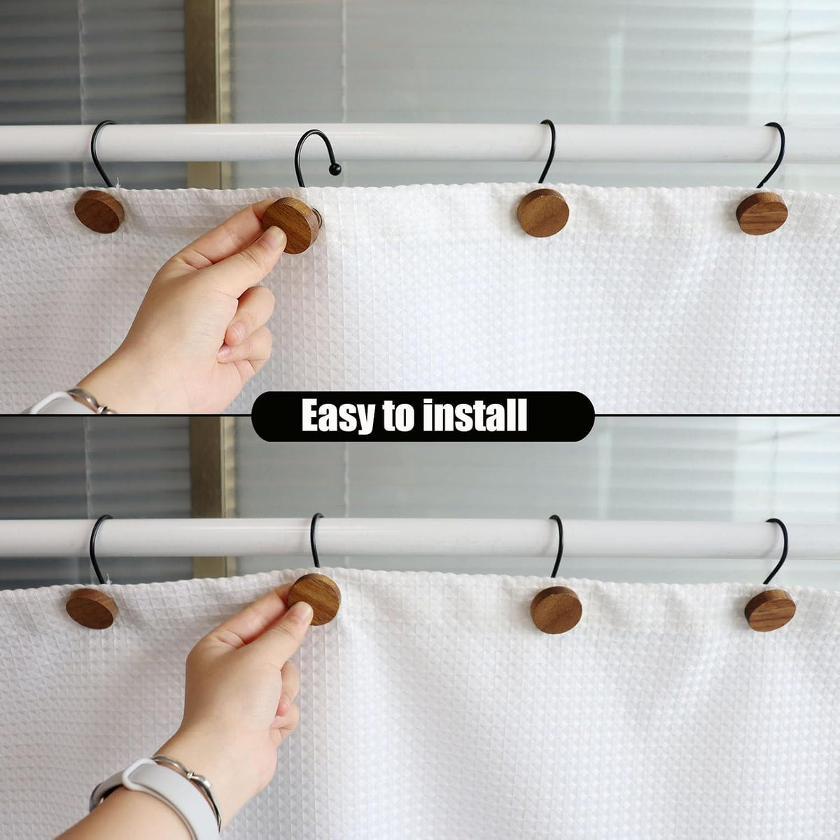 Shower Curtain Hooks, Wood Decorative Shower Curtain Rings, Modern Round Log Shower Curtain Hangers, 12PCS Metal Shower Hooks for Shower Curtain Rod, Bathroom, Bedroom, Living Room (Black)