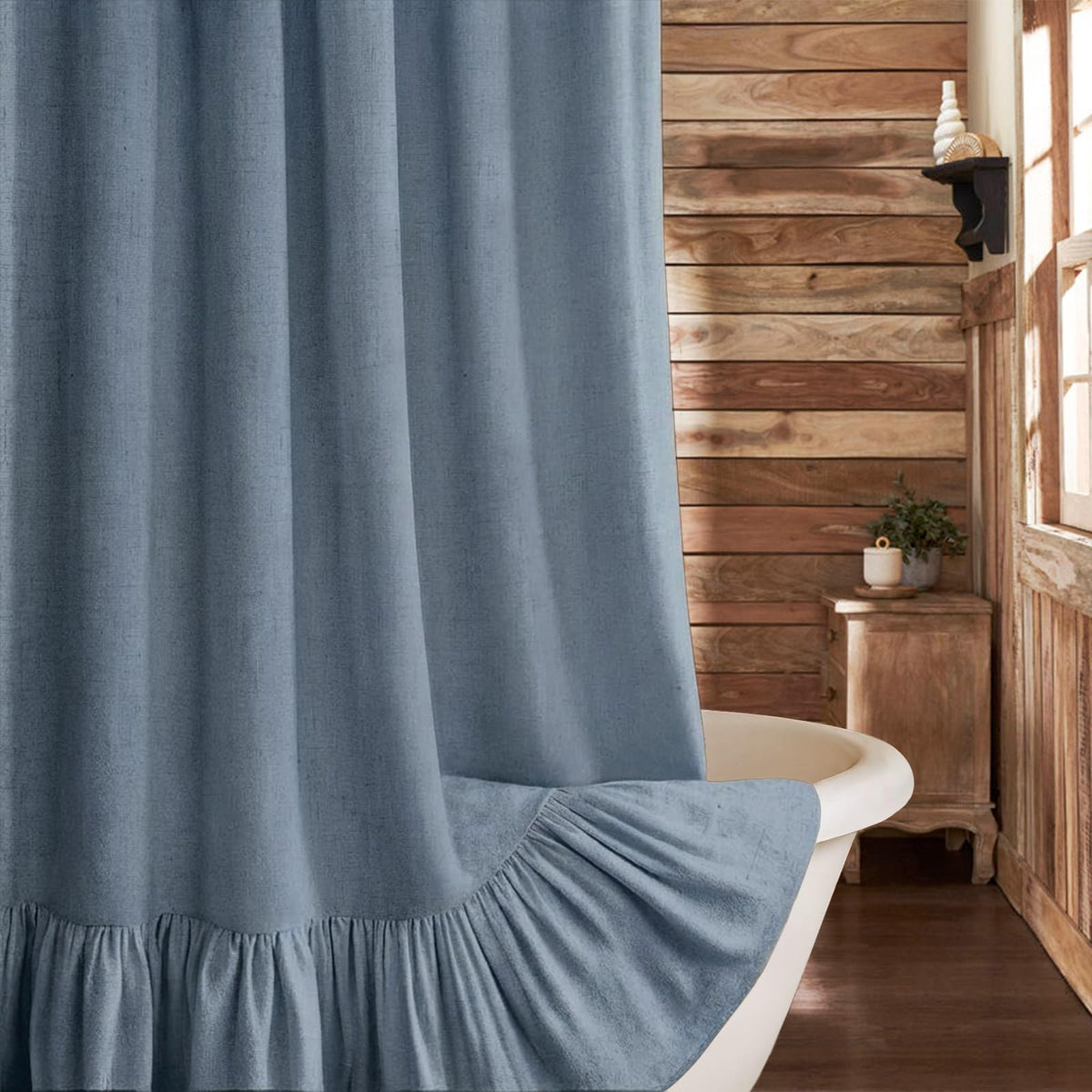 Farmhouse Shower Curtain Ruffle Linen Cream-Brown Stripe 72"W x 84"L