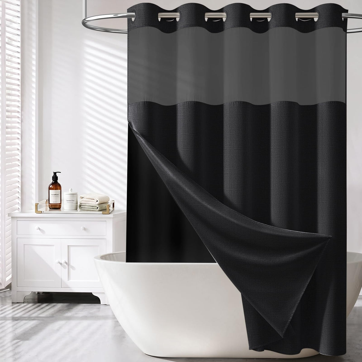 BTTN Cream Ringless Linen Textured Shower Curtain with Snap in Liner, 72x75