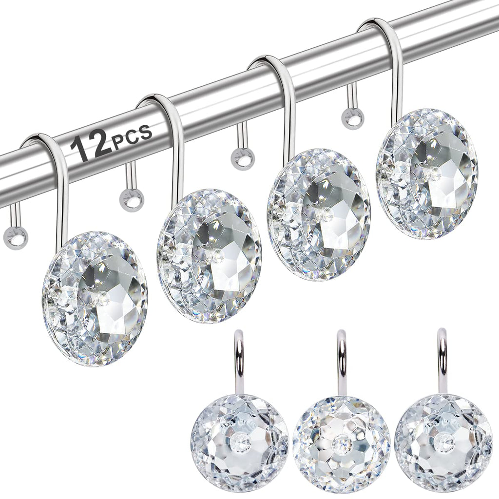 12PCS Shower Curtain Hooks Rings for Bathroom, Stainless Steel Metal Crystal Rhinestones Bling Rust Proof Shower Curtain Rings Hangers for Shower Curtain Decorative, Round Heavy Duty Hooks (Clear)