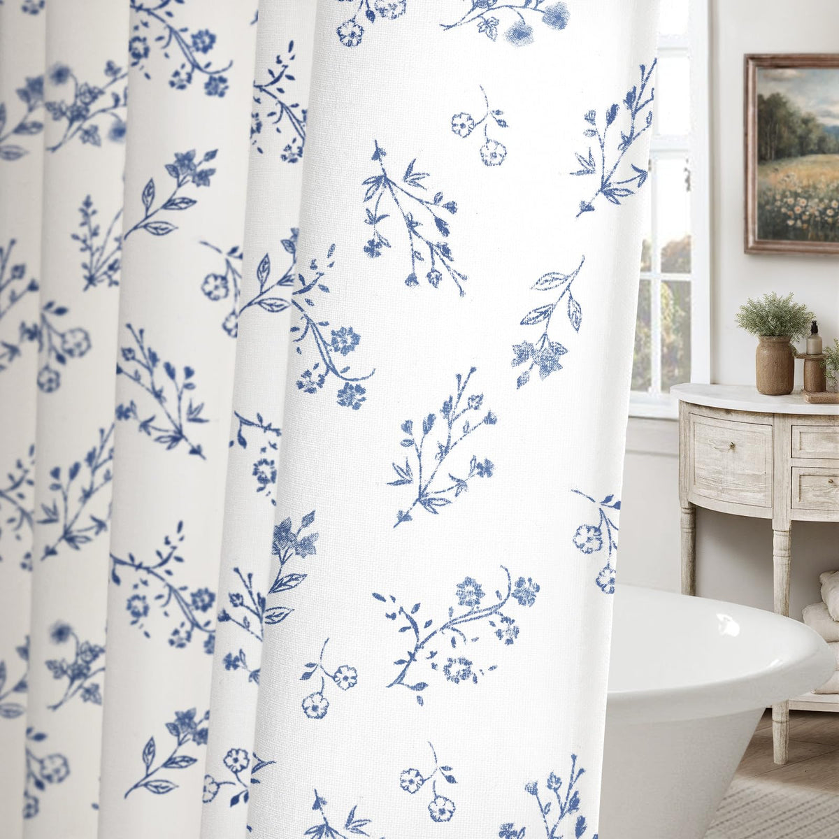 Floral Farmhouse Vintage Linen Shower Curtain French Country Decor 72Wx72H