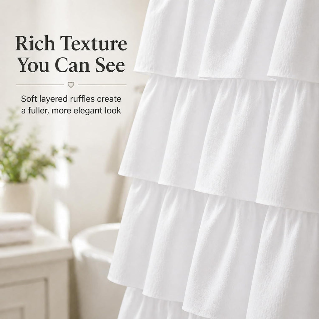 White Ruffle Shower Curtain for Bathroom,72 x 72 Inches, Farmhouse Style