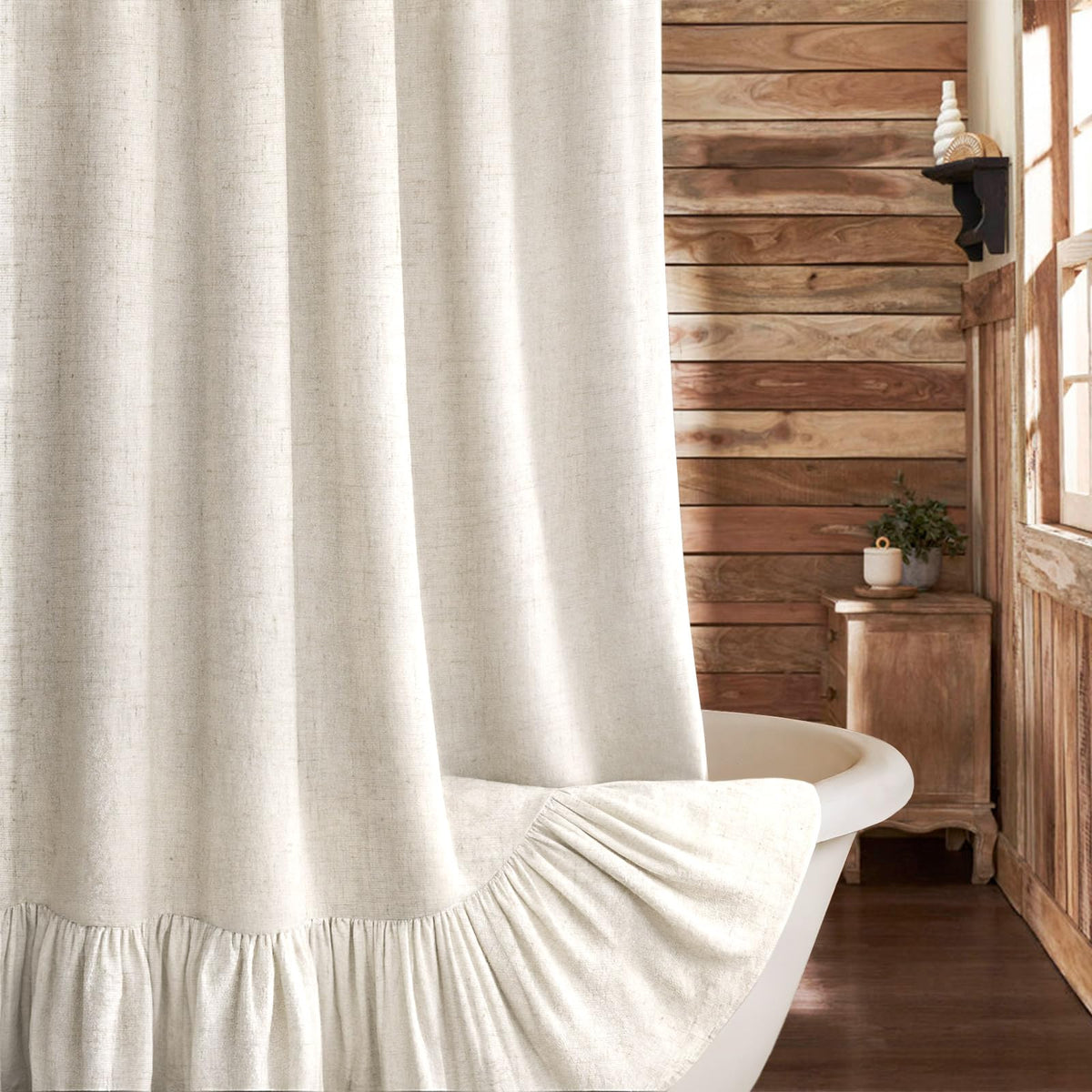 Farmhouse Shower Curtain Ruffle Linen Cream-Brown Stripe 72"W x 84"L