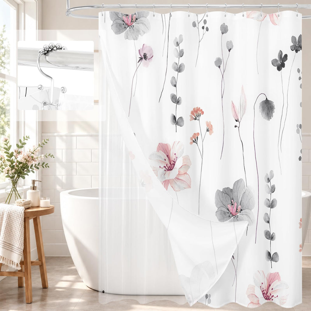 Gibelle 3 in 1 Sage Green Watercolor Floral Shower Curtain Liner Set, 72x72
