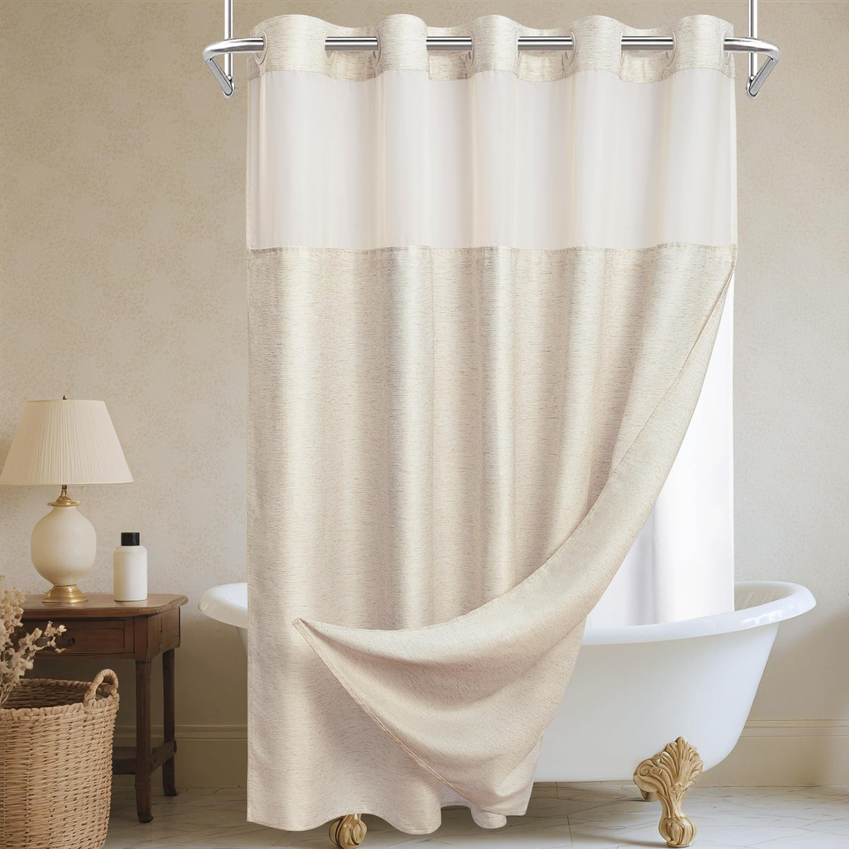 WONICY Hook-Free Shower Curtain with Snap-in Liner, Cream, 71 x 74