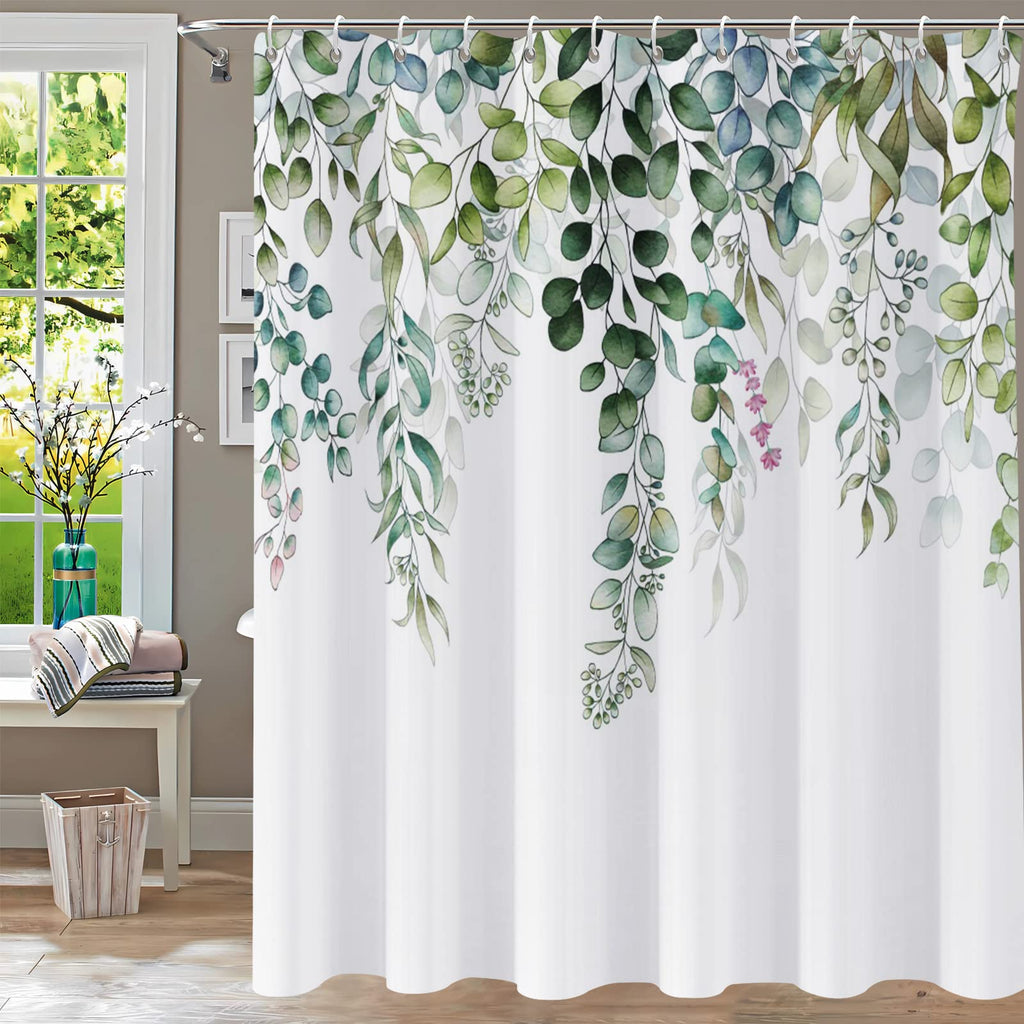 Shower Curtain Blue Eucalyptus Shower Curtains for Bathroom, Watercolor Leaf Shower Curtain Sets Waterproof Plant Shower Curtain Leaves Fabric Cloth Bathroom Curtains 72x72 inch with Hooks