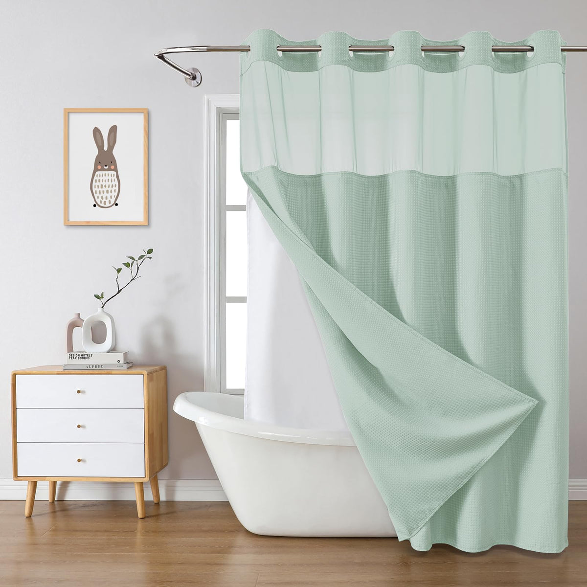 eachope No Hook Waffle Shower Curtain with Snap-in Liner, 71x74 Inch, White