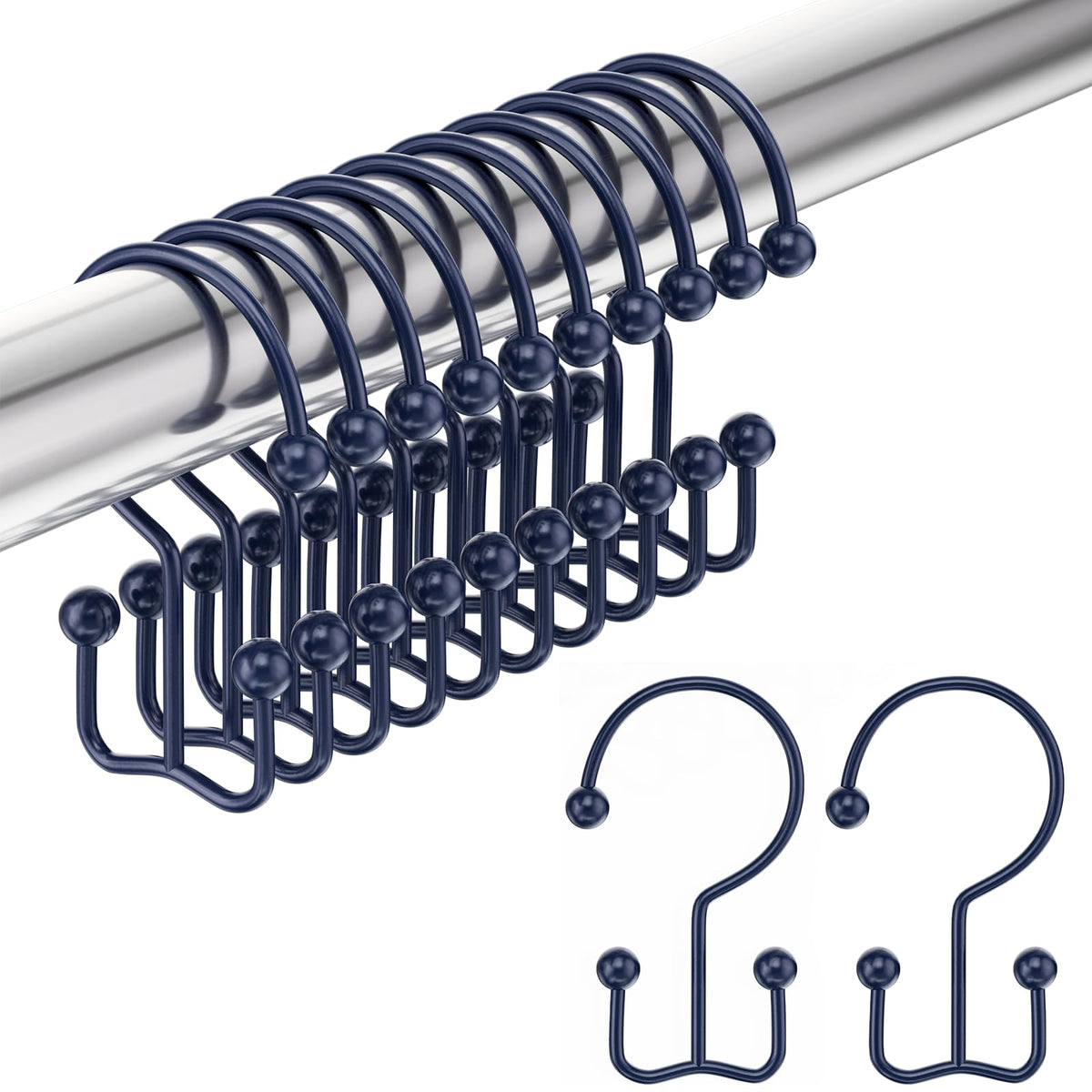 Amazer Shower Curtain Hooks Rings, Rust-Resistant Stainless Steel Double Shower Curtain Hooks, Shower Hooks for Shower Curtain and Liner Bathroom, Set of 12, Chrome