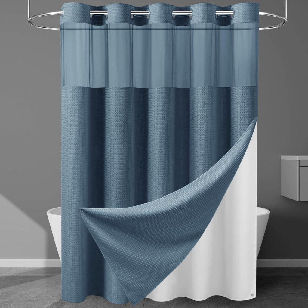 256GSM Heavyweight Ringless Waffle Shower Curtain with Liner, 71x74, White