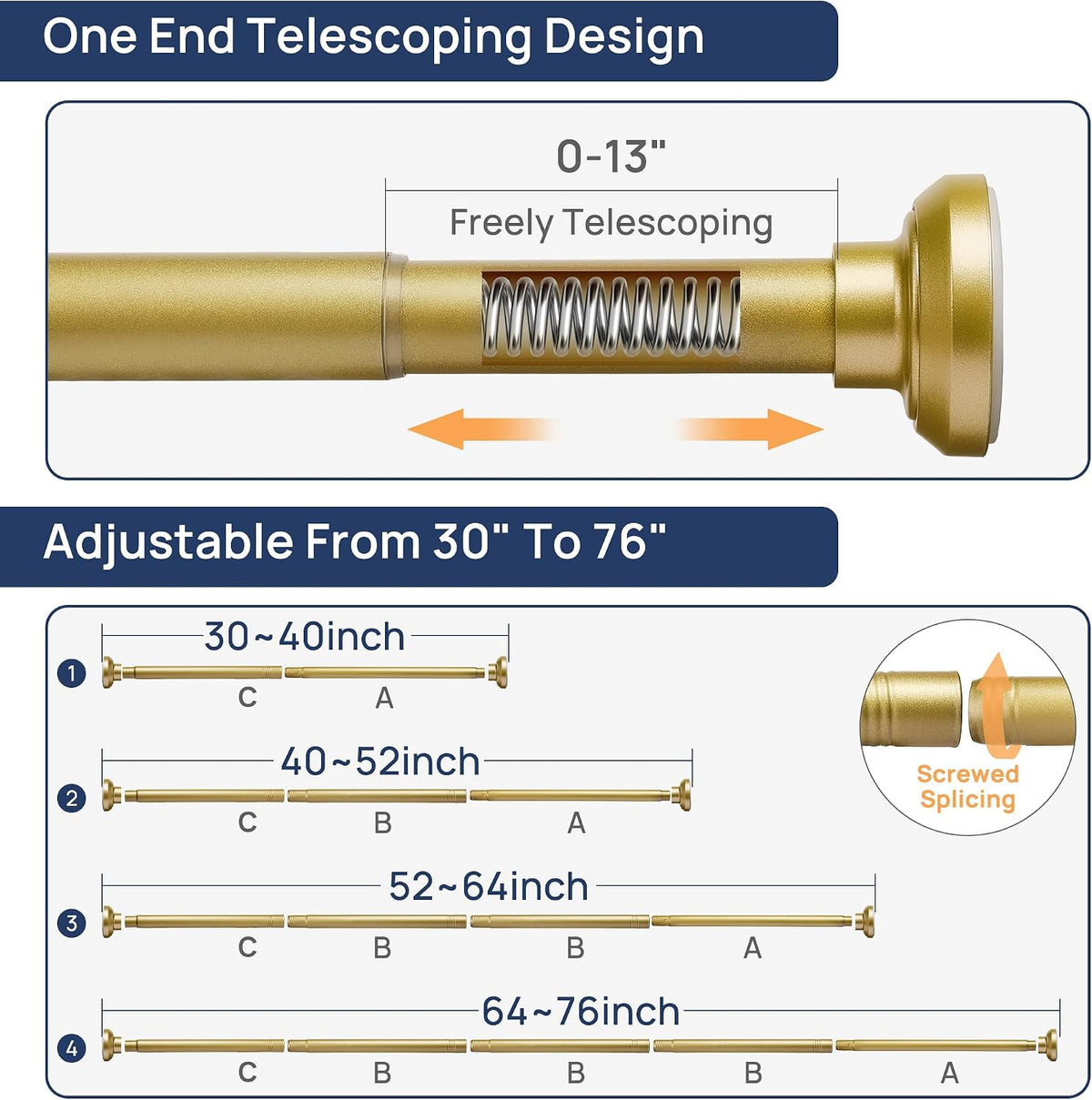 ENJOYBASICS 1" Gold Shower Curtain Rod, 30-76" Adjustable, Secure Tension