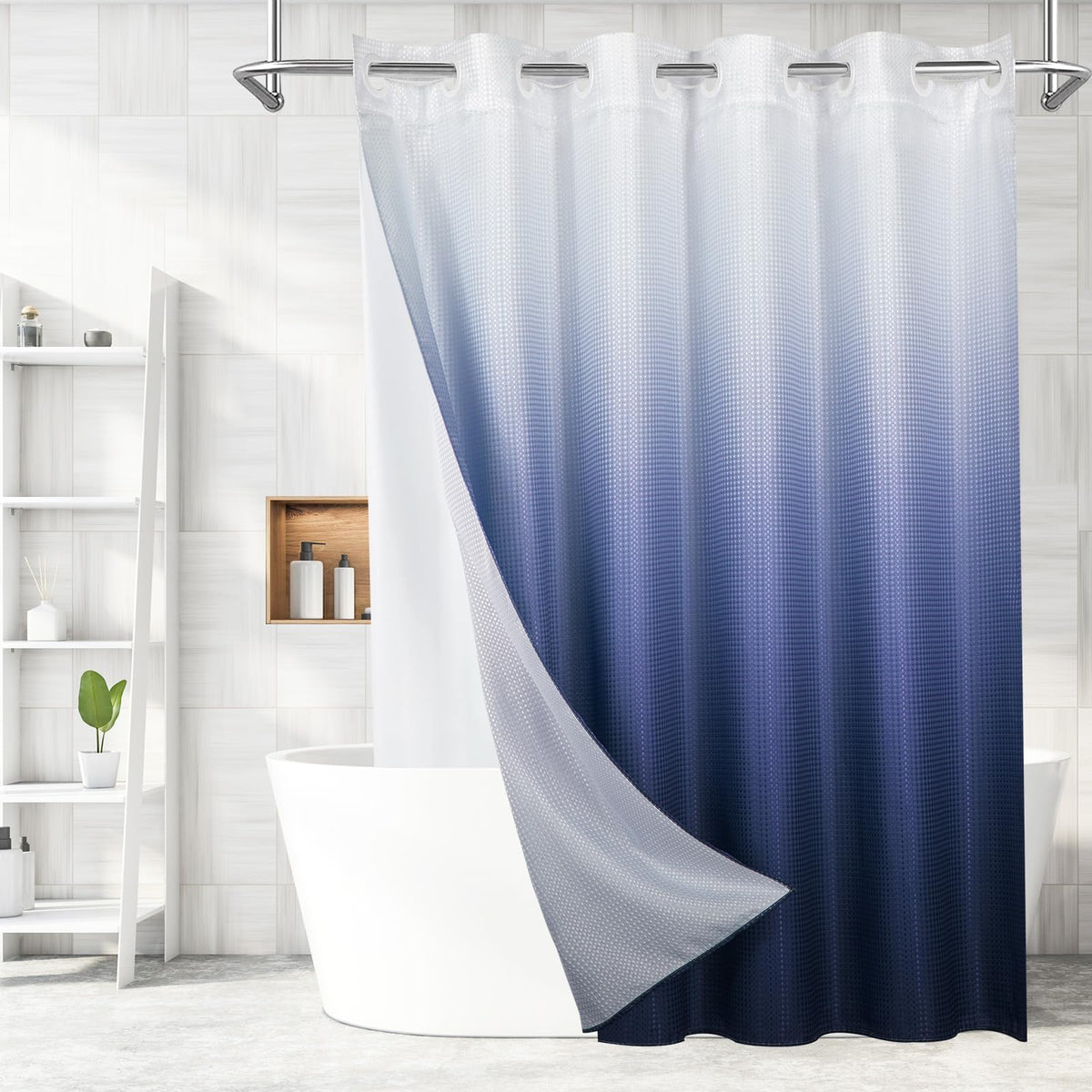 No Hook Weave Fabric Shower Curtain with Snap-in Liner White,72x74