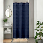 OVZME Natural Linen Shower Curtain for Bathroom, Boho Farmhouse Rustic Striped Shower Curtain with Tassel, Textured Heavy Duty Vintage Country Bathroom Curtain, 72Wx72L Inches