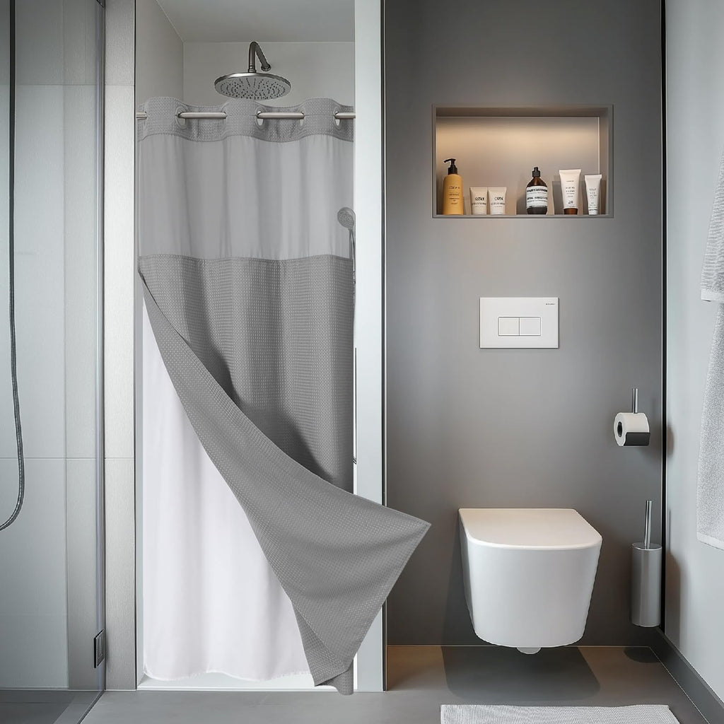 eachope No Hook Waffle Shower Curtain with Snap-in Liner, 71x74 Inch, White