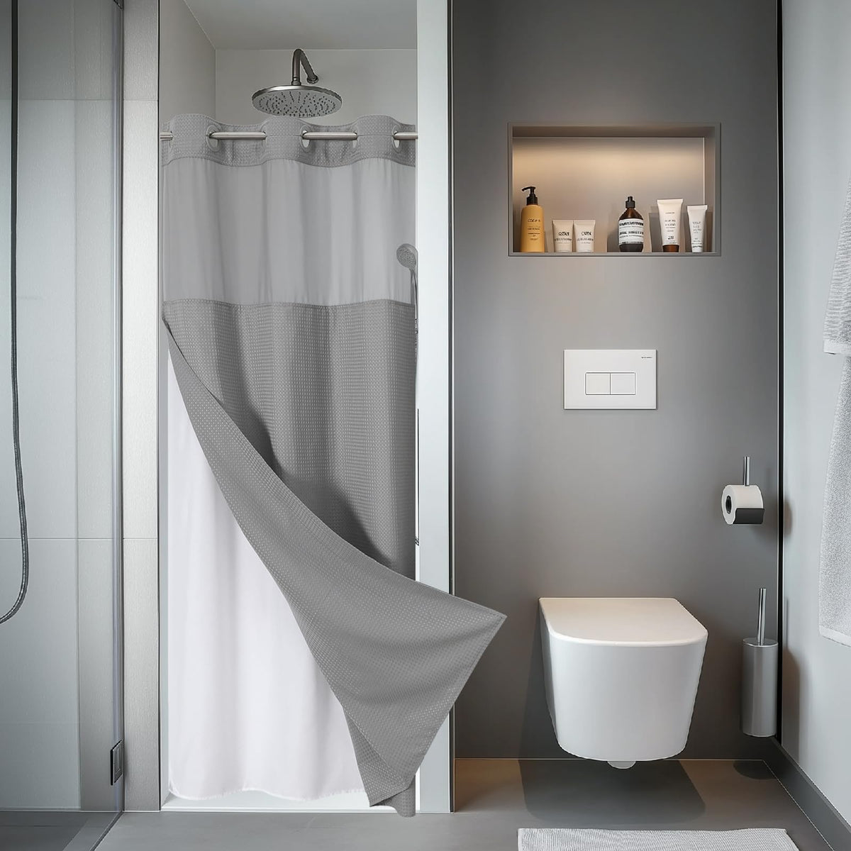 eachope No Hook Waffle Shower Curtain with Snap-in Liner, 71x74 Inch, White
