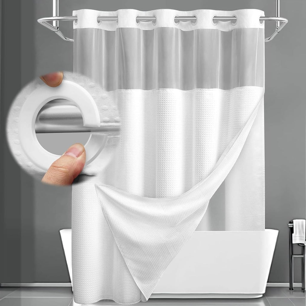 No Hook Shower Curtain with Liner Set Hotel Waffle Curtain White 72W X 75L