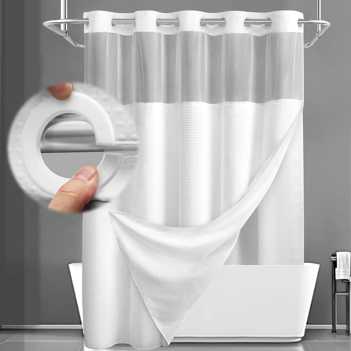 No Hook Shower Curtain with Liner Set Hotel Waffle Curtain White 72W X 75L