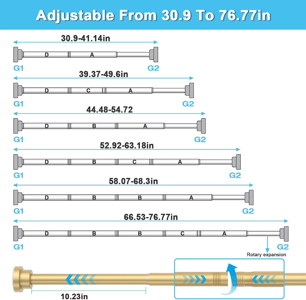 Shower Curtain Rod 30 To 76 Inch(2.6-6.4ft), Gold