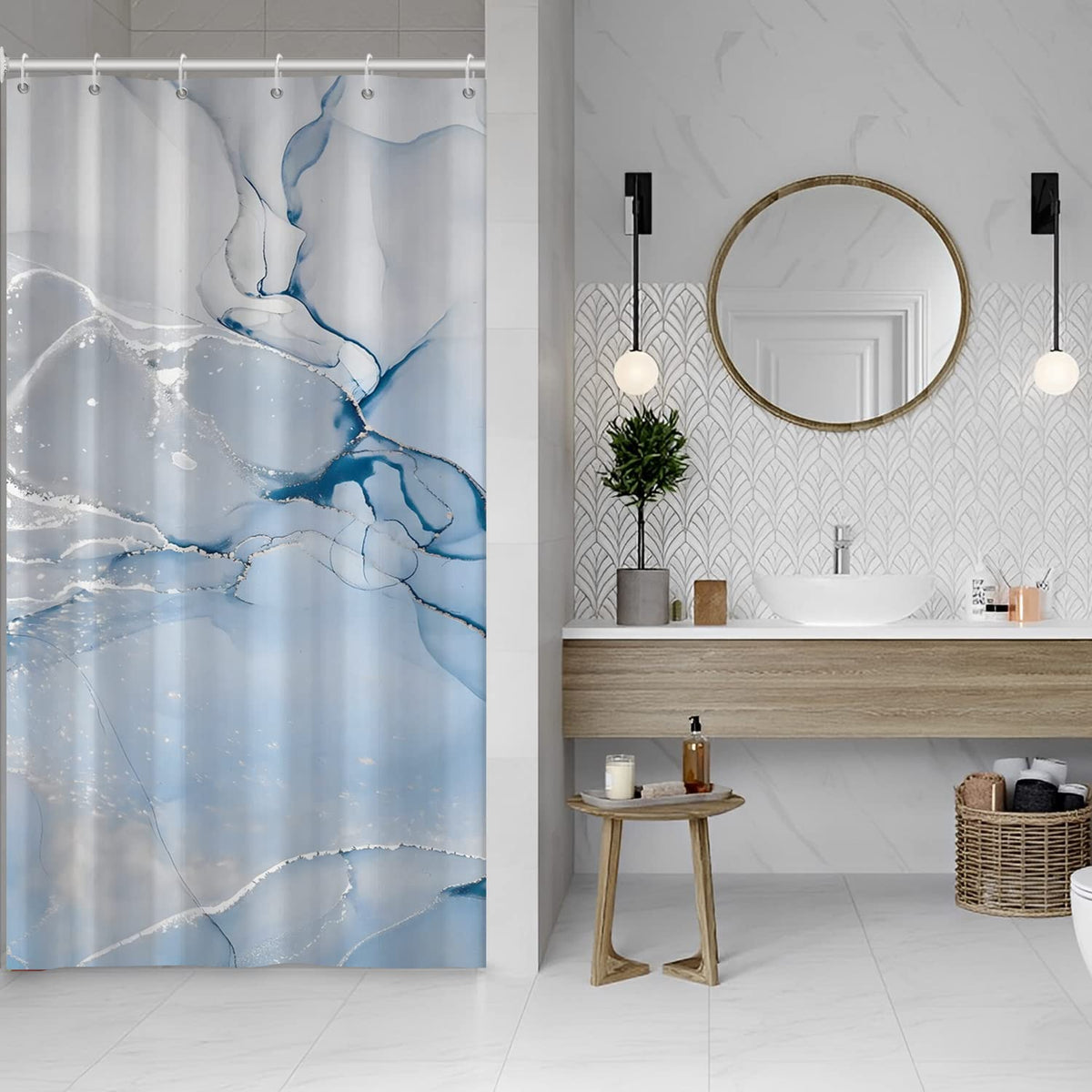AWERT Blue Marble Shower Curtain - Waterproof for Bathroom Decor, Printed Washable With Hooks, 72x72 Inch
