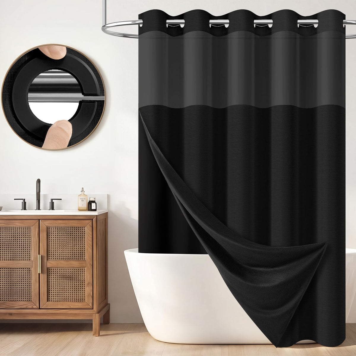 BTTN Cream Ringless Linen Textured Shower Curtain with Snap in Liner, 72x75