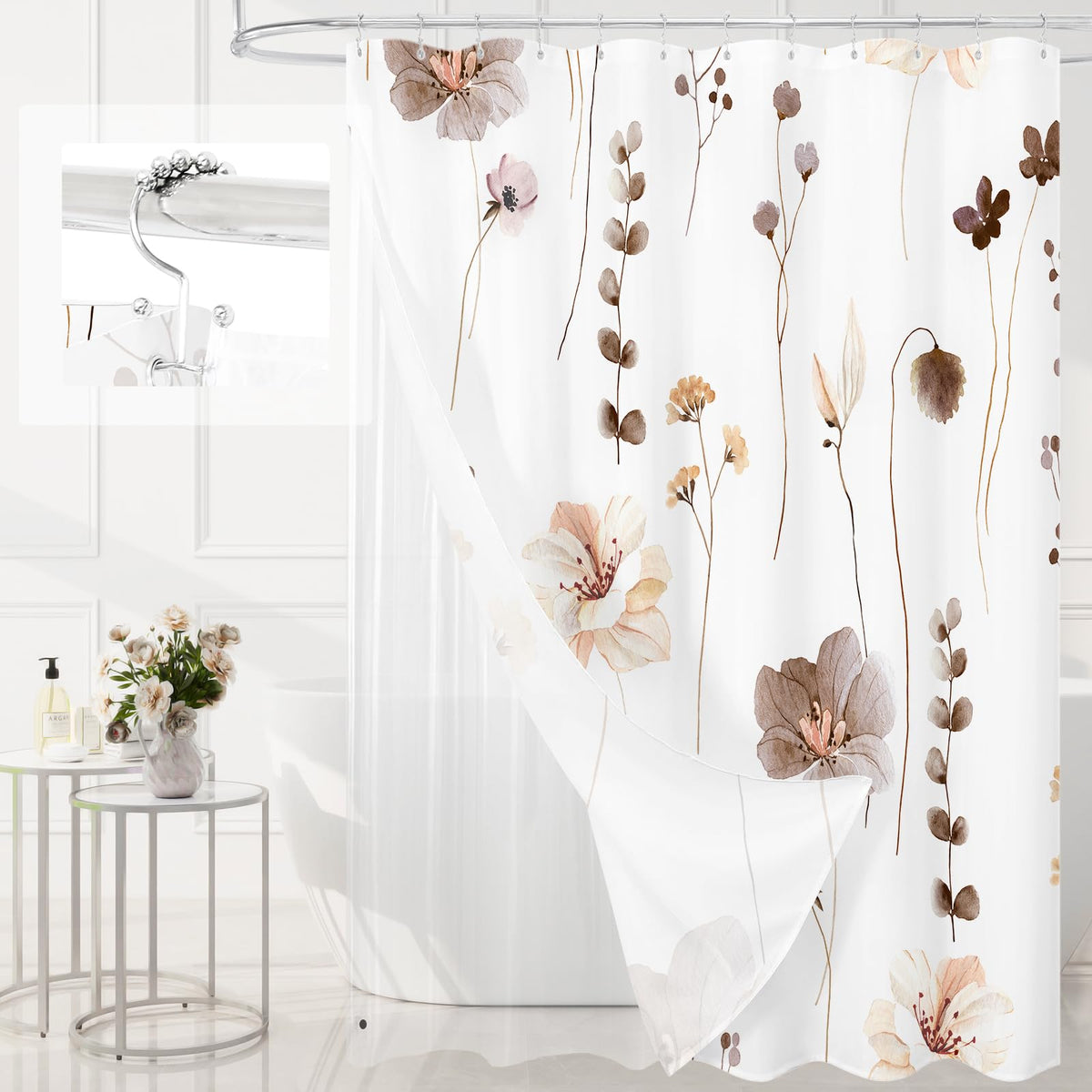 Gibelle 3 in 1 Sage Green Watercolor Floral Shower Curtain Liner Set, 72x72