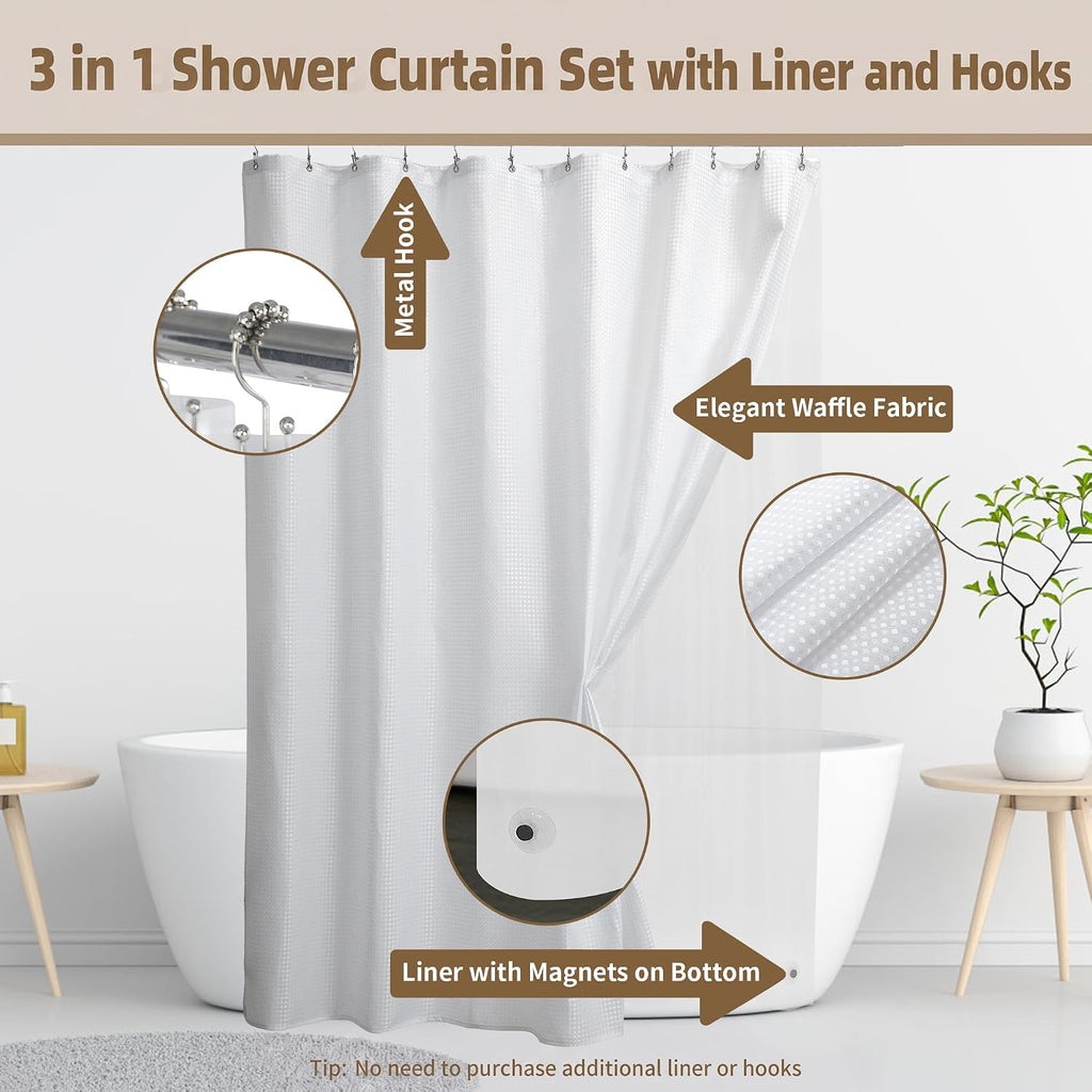 Siiluminisoy Shower Curtain with Liner, 3 in 1 Waffle Shower Curtain Set with 12 Metal Hooks, Waterproof, Machine Washable, Luxury Fabric Shower Curtains for Bathroom, White, 72" W x 72" H