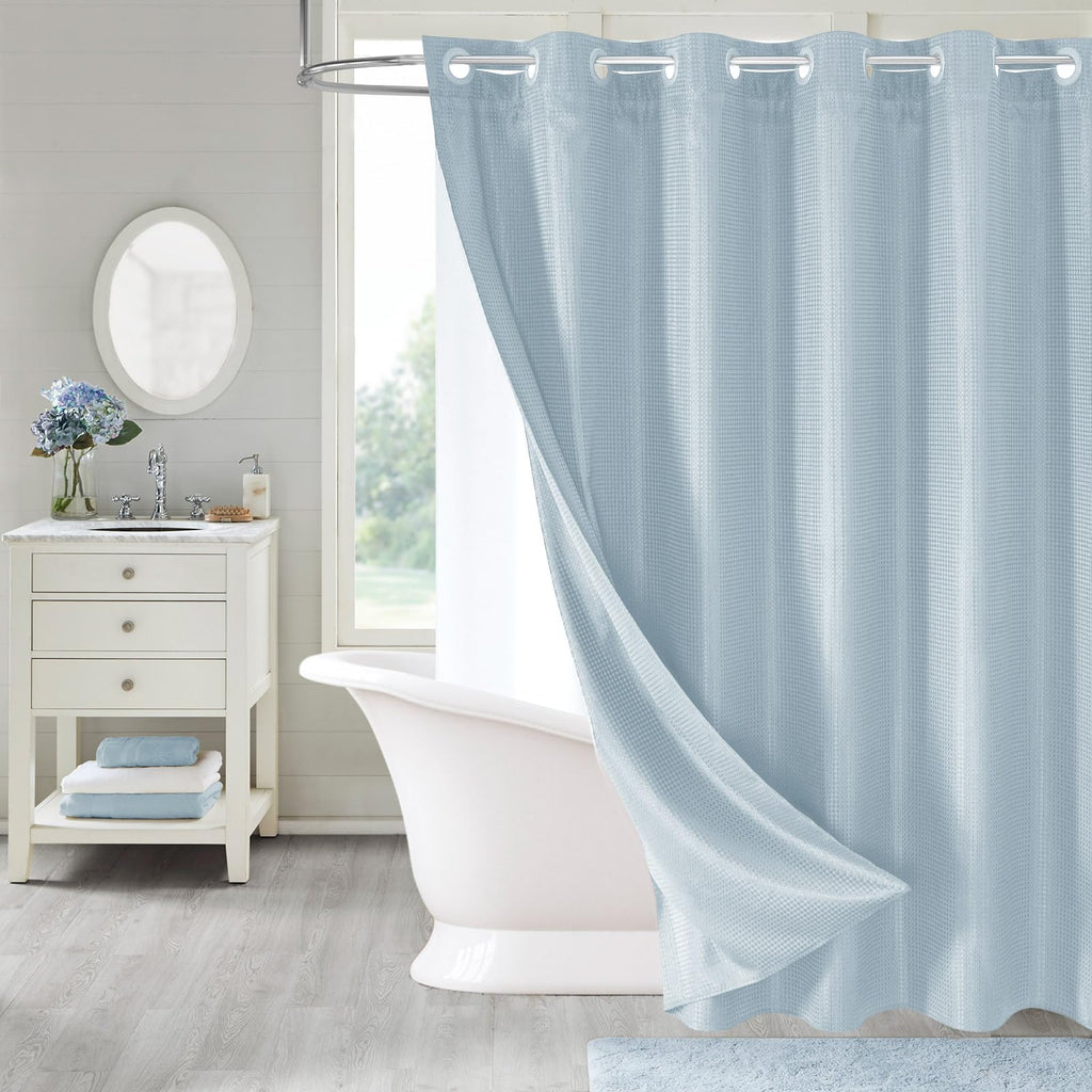 No Hook Weave Fabric Shower Curtain with Snap-in Liner White,72x74