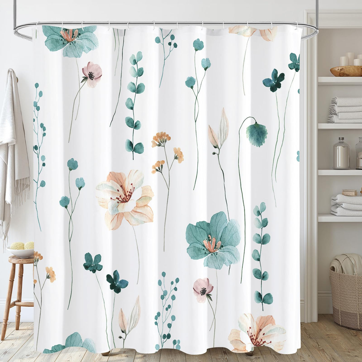 Gibelle Blue Yellow Watercolor Floral Fabric Shower Curtain, 72x72