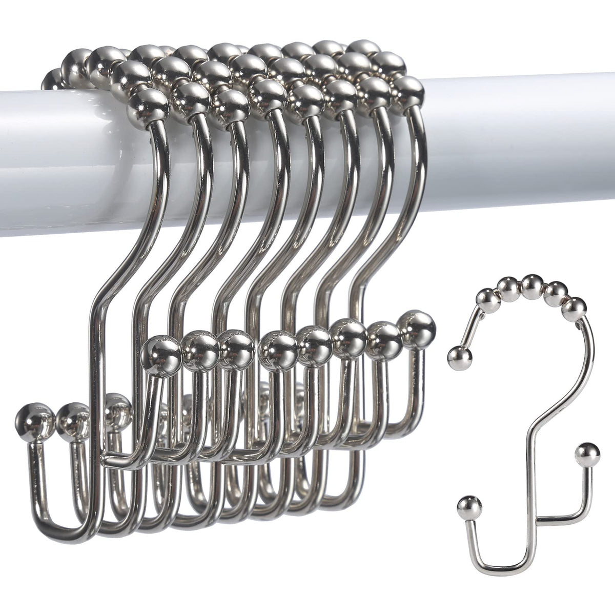 Shower Curtain Rings, SUTINE Double Shower Curtain Hooks, Rust-Resistant Stainless Steel Shower Curtain Rings, Easy Sliding Metal Shower Hooks for Shower Curtains & Liners, 12pcs-Matte Nickel