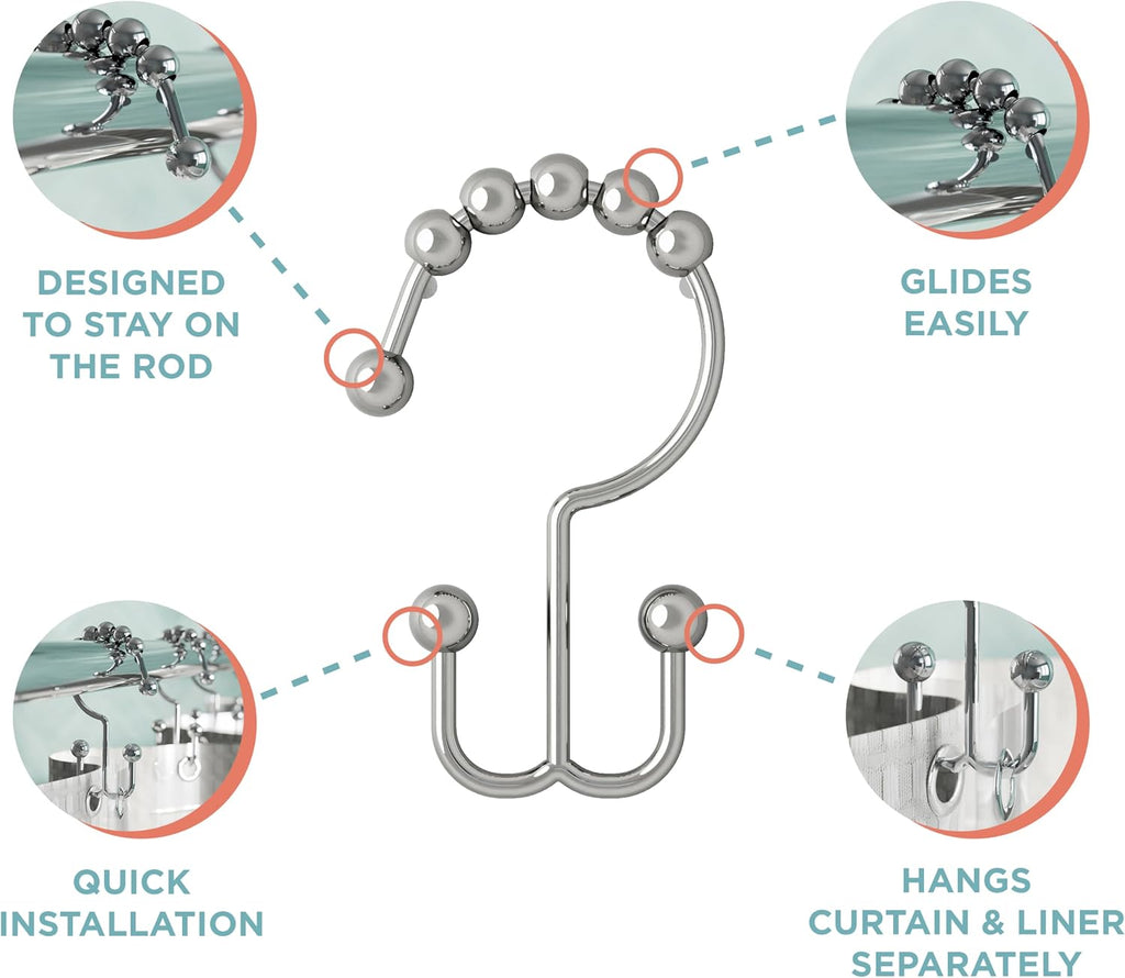 Zenna Home Shower Curtain Hooks, Chrome, Set of 12 – Premium Shower Curtain and Liner Rings with Double Roller Glide and Double-Sided Design – Rust Resistant