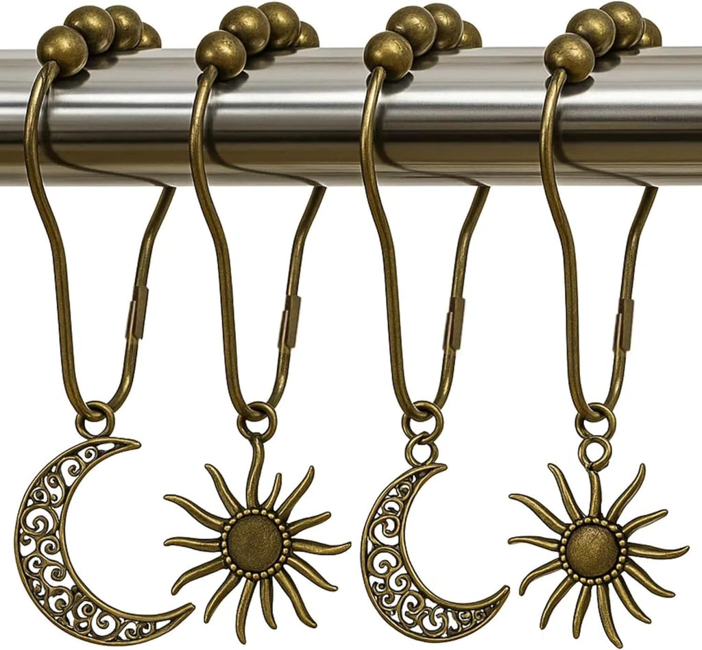 Celestial Shower Curtain Hooks 12 Pack of Sun and Moon Decor Theme Comes with a Bronze Shower Curtain Hooks for Celestial Boho Goth Witchy Shower Curtain (12)