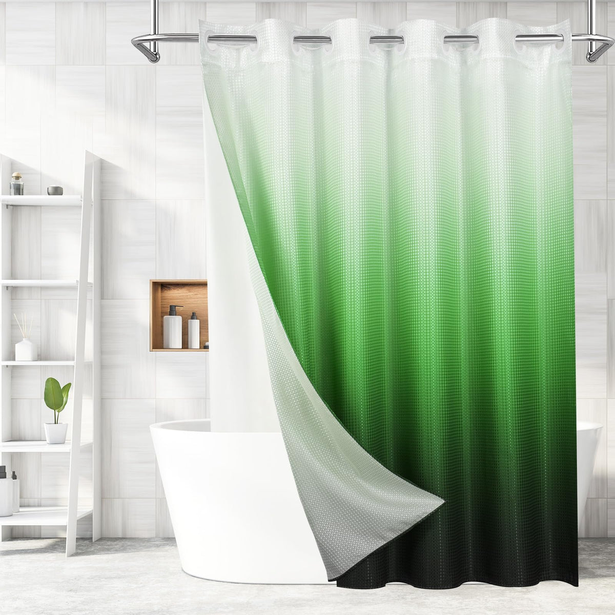 No Hook Weave Fabric Shower Curtain with Snap-in Liner White,72x74