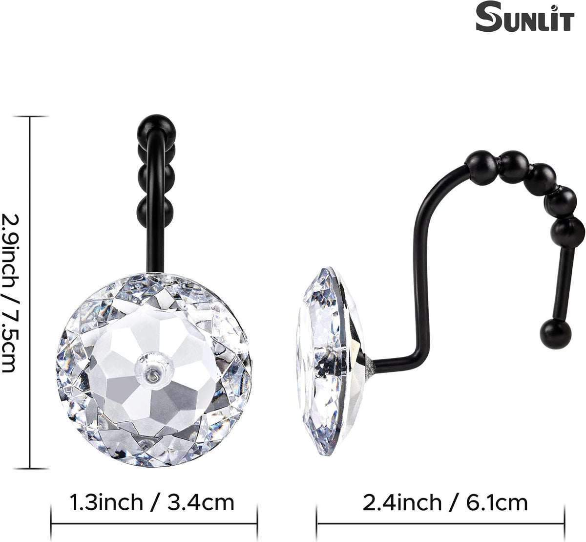 Sunlit Round Rhinestone Shower Curtain Hooks with Glide Balls, 12 Pack
