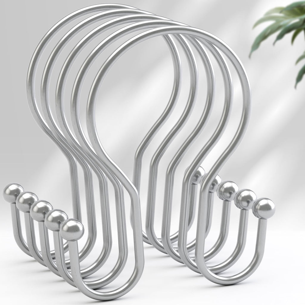AmazerBath Shower Curtain Hooks Brushed Nickel Shower Curtain Rings, Simple Double Hook Shower Curtain Hooks Rust Proof, Smooth Glide Metal Shower Hooks for Shower Curtain, 12Pcs Shower Rod Hooks