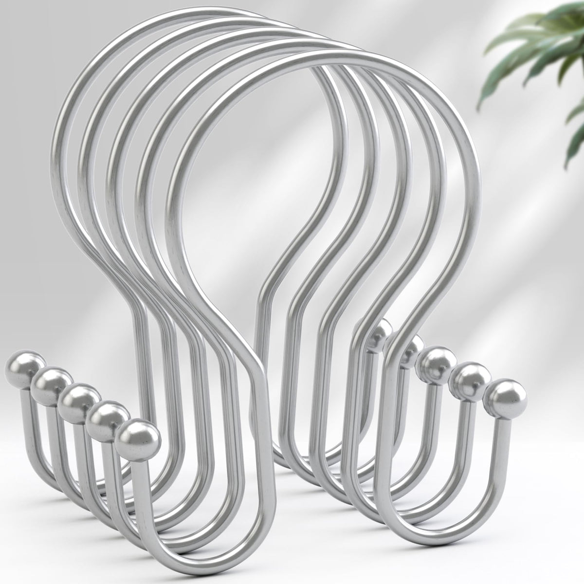 AmazerBath Shower Curtain Hooks Brushed Nickel Shower Curtain Rings, Simple Double Hook Shower Curtain Hooks Rust Proof, Smooth Glide Metal Shower Hooks for Shower Curtain, 12Pcs Shower Rod Hooks