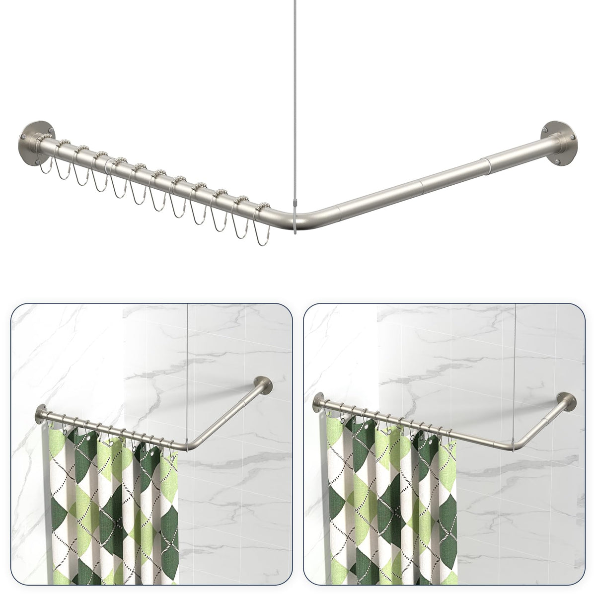 L Shaped Shower Curtain Rods, Adjustable (23''-69'' X 23''-69'') Corner Shower Rod with 12 Shower Curtain Rings for Bathroom, Bathtub, Clothing Store, Need to Drill, Black