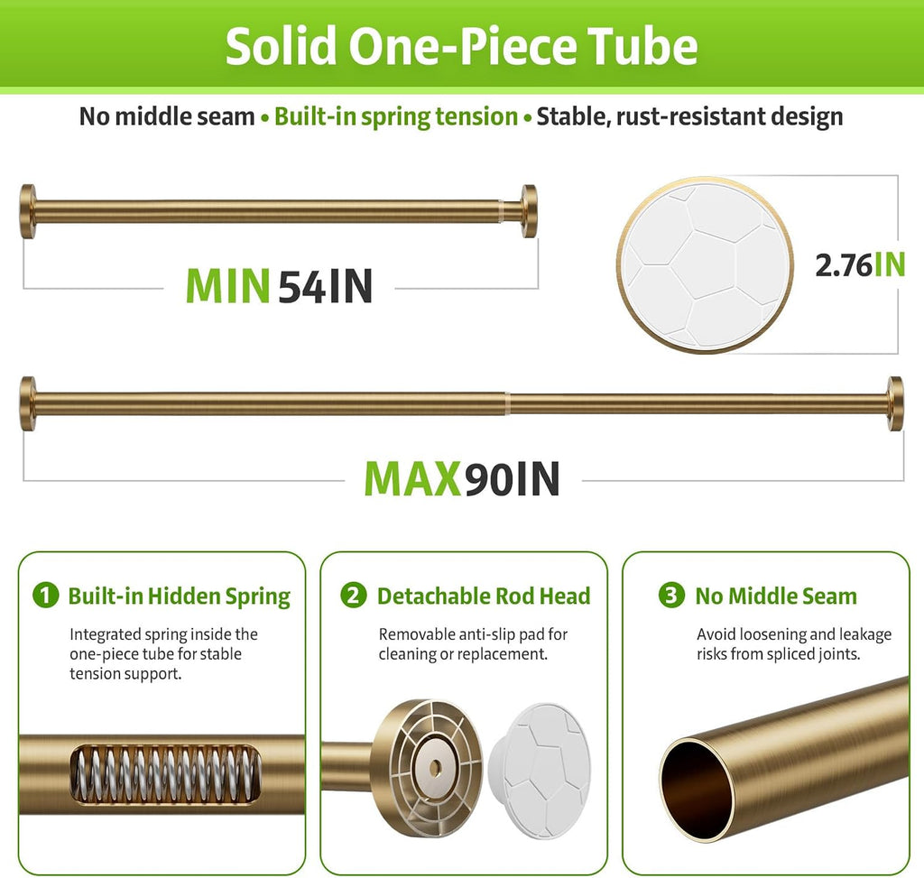 One-Piece Tension Curtain Rod 54-90 inch Brushed Gold Shower Curtain