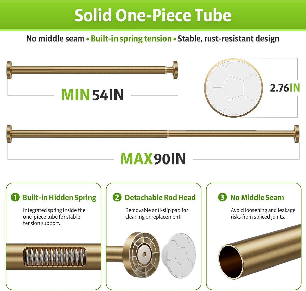 One-Piece Tension Curtain Rod 54-90 inch Brushed Gold Shower Curtain