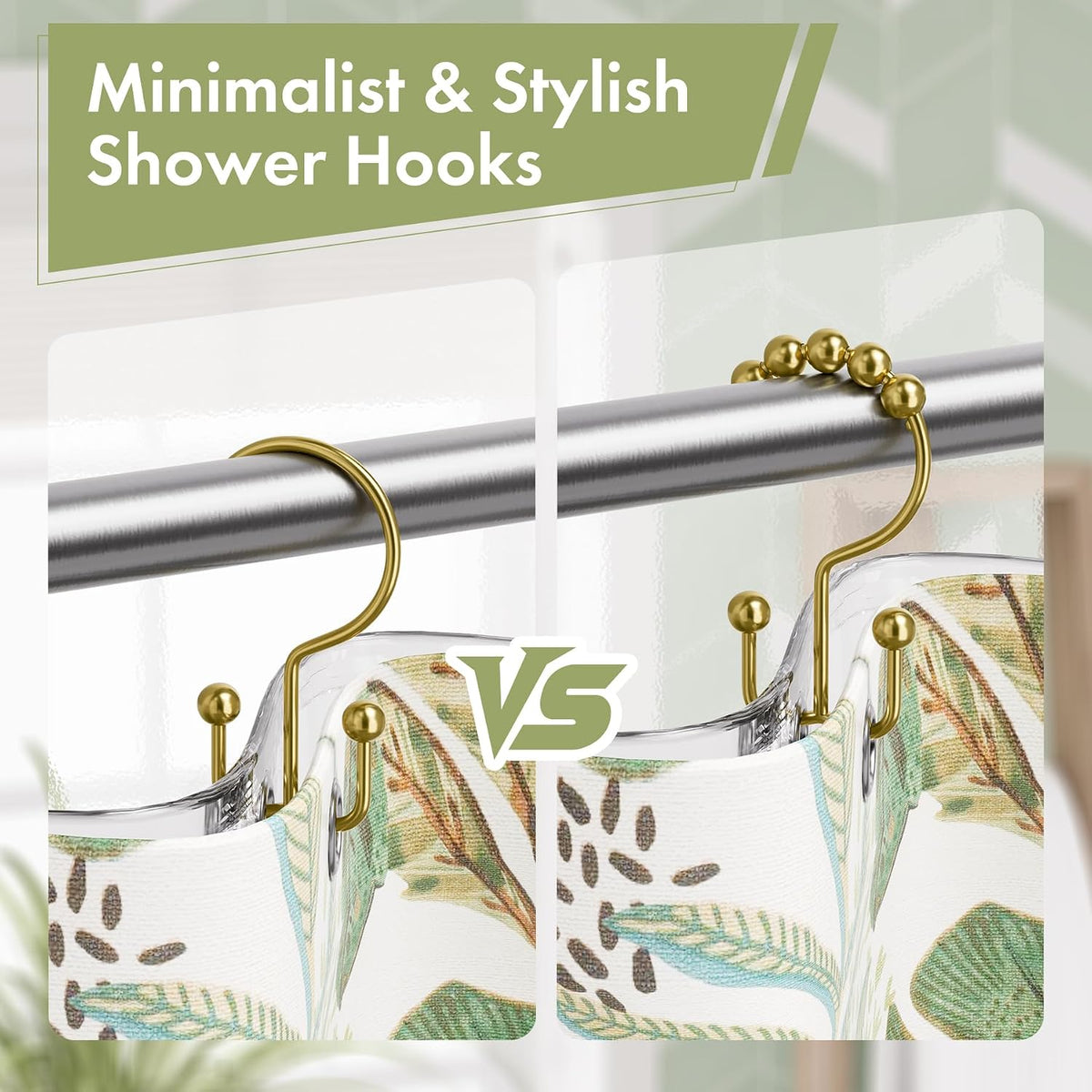 Amazer Gold Shower Curtain Hooks, 12PCS Minimalist Simple Double Shower Curtain Rings, Rust-Resistant Metal Shower Hooks Shower Curtain Hangers, Shower Rings for Bathroom Shower Rods Curtains
