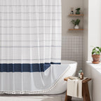 AmazerBath Boho Shower Curtain, Modern Farmhouse Shower Curtain Set with Tassels, Rustic Faux Linen Green Striped Shower Curtain with Hooks, Light Tan Toned, 72x72 Inches