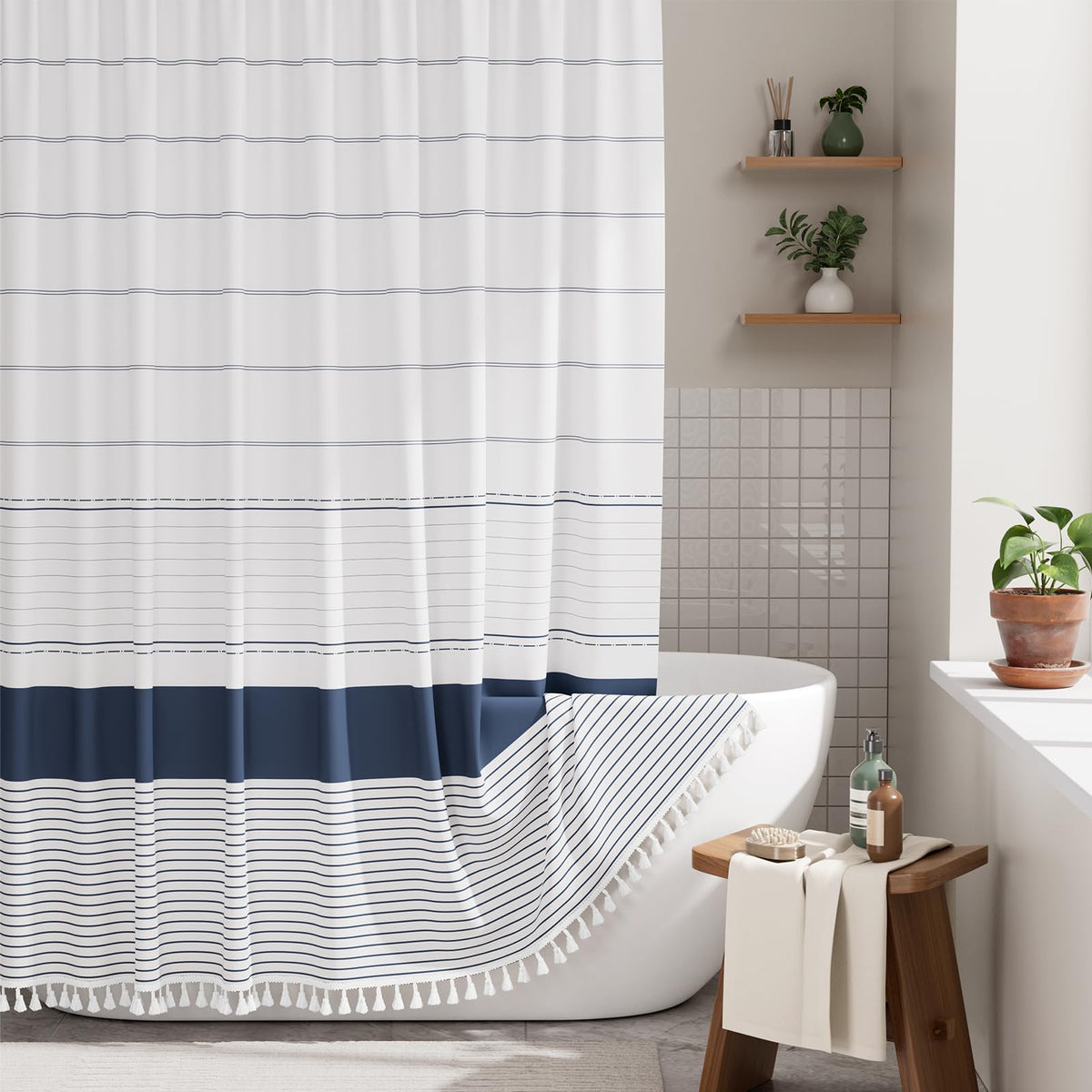 AmazerBath Boho Shower Curtain, Modern Farmhouse Shower Curtain Set with Tassels, Rustic Faux Linen Green Striped Shower Curtain with Hooks, Light Tan Toned, 72x72 Inches
