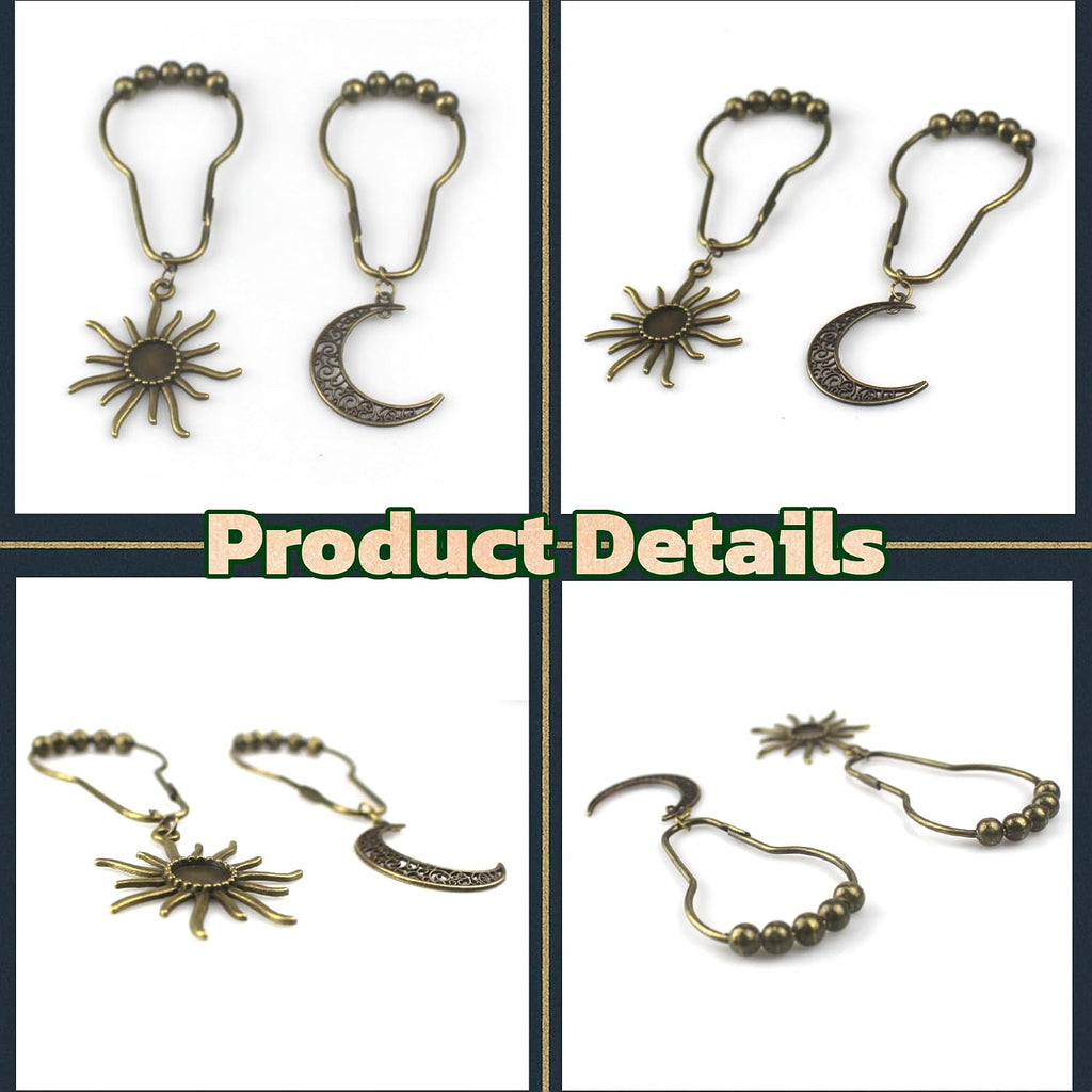 Celestial Shower Curtain Hooks 12 Pack of Sun and Moon Decor Theme Comes with a Bronze Shower Curtain Hooks for Celestial Boho Goth Witchy Shower Curtain (12)