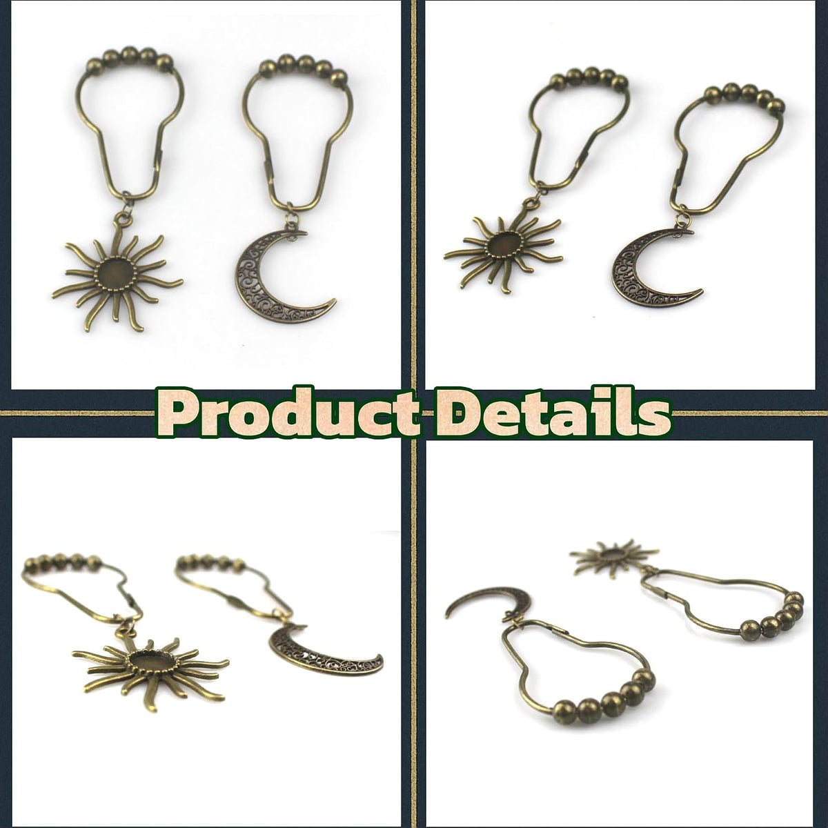 Celestial Shower Curtain Hooks 12 Pack of Sun and Moon Decor Theme Comes with a Bronze Shower Curtain Hooks for Celestial Boho Goth Witchy Shower Curtain (12)